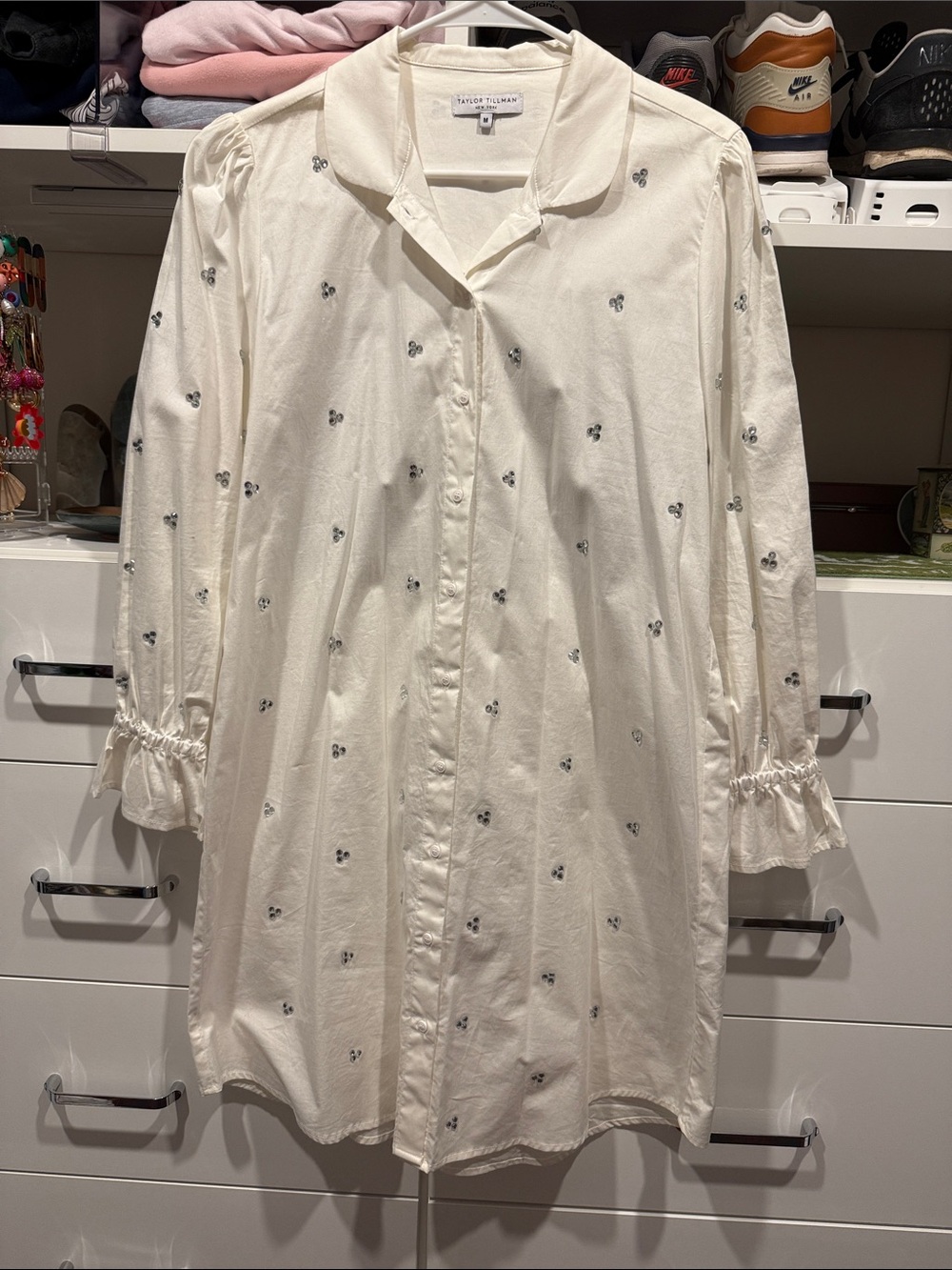 Cream Button-Front Embellished Shirt Dress